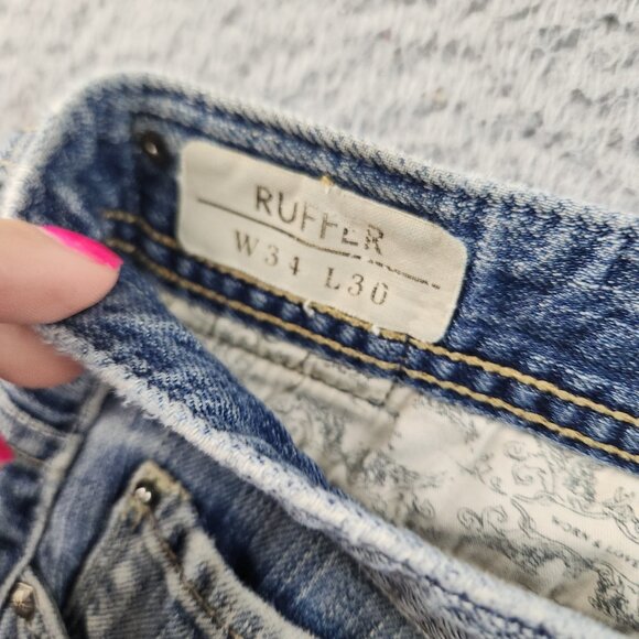 Buffalo Jeans Mens 34x30 Blue Loose Straight Distress Workwear Relaxed Cotton - Picture 8 of 12